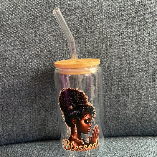 160z Glass Tumbler with straw and blessed Decal.